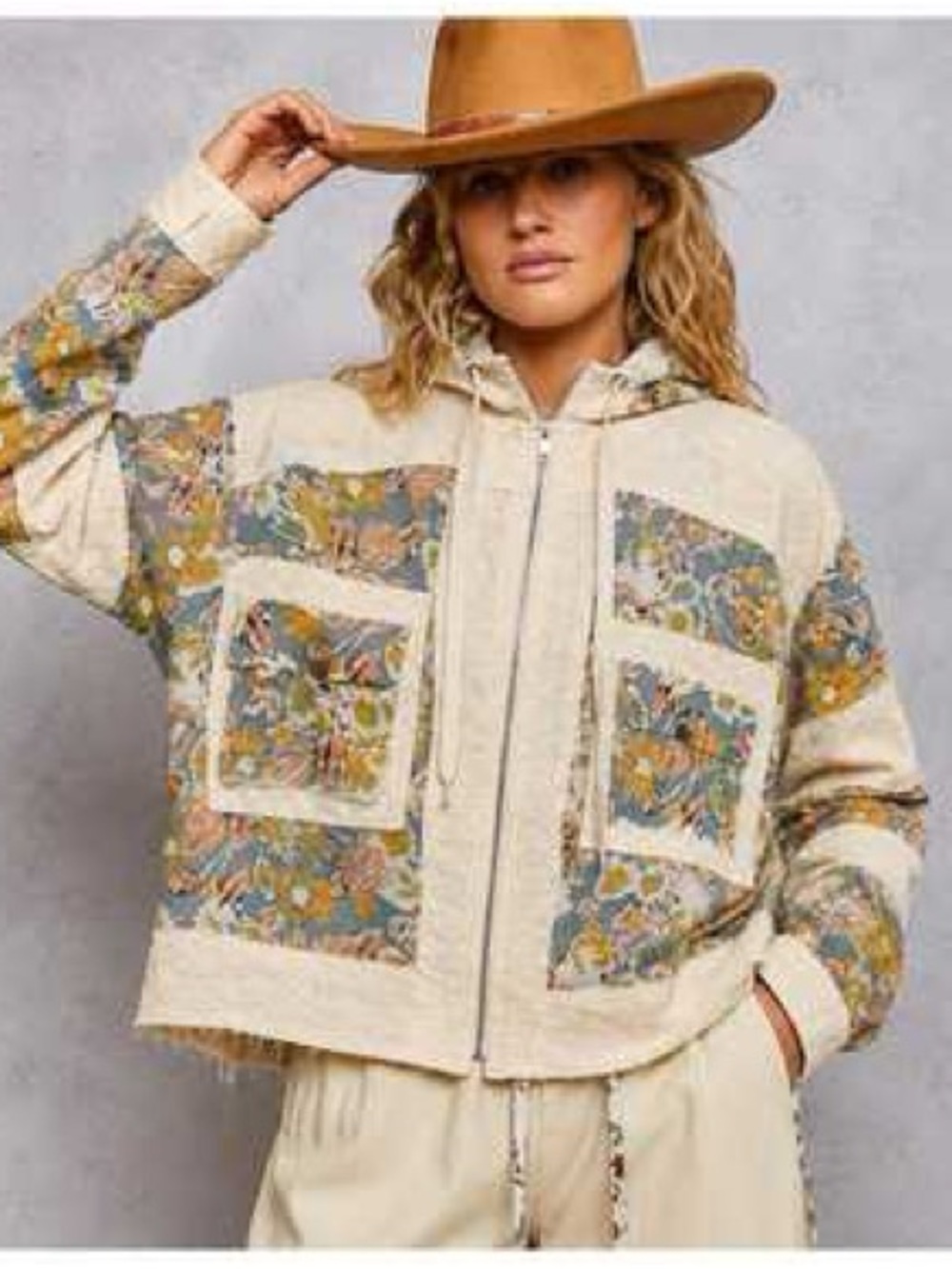 NWOT POL Hooded Floral Patchwork Lightweight Jacket Eyelet Detail